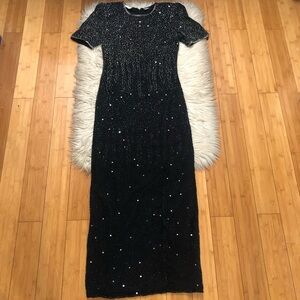 Vintage Laurence Kazar Beaded Sequins Embellishments Cocktail Black Maxi Dress S